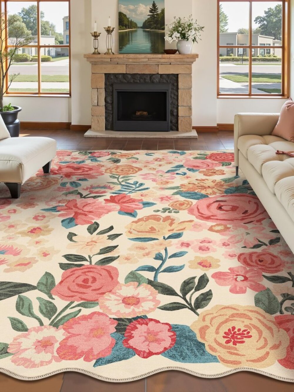Washable Floral Area Rug 6x9 for Living Room Vintage Beige Carpet